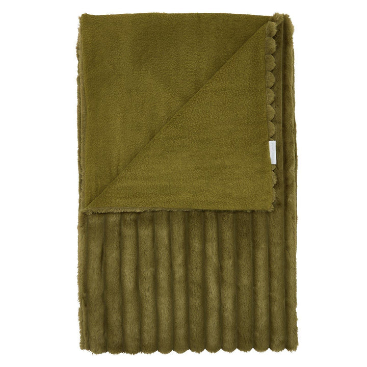Cosy Ribbed Faux Fur Throw Olive Green - Ideal
