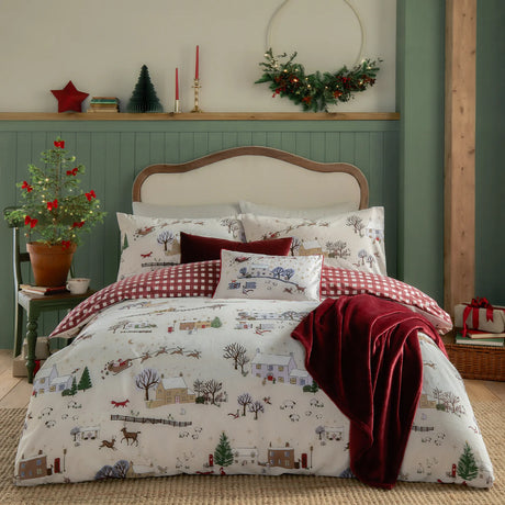Cotswolds Christmas Printed Reversible Duvet Cover Set Cream/Burgundy - image 2