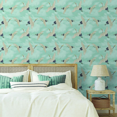 Catherine Lansfield Cranes Wallpaper Duck Egg Blue