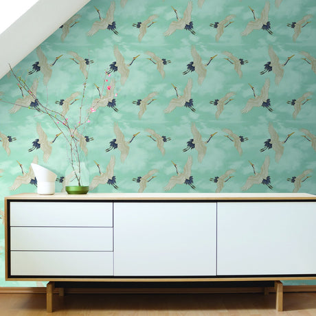 Catherine Lansfield Cranes Wallpaper Duck Egg Blue