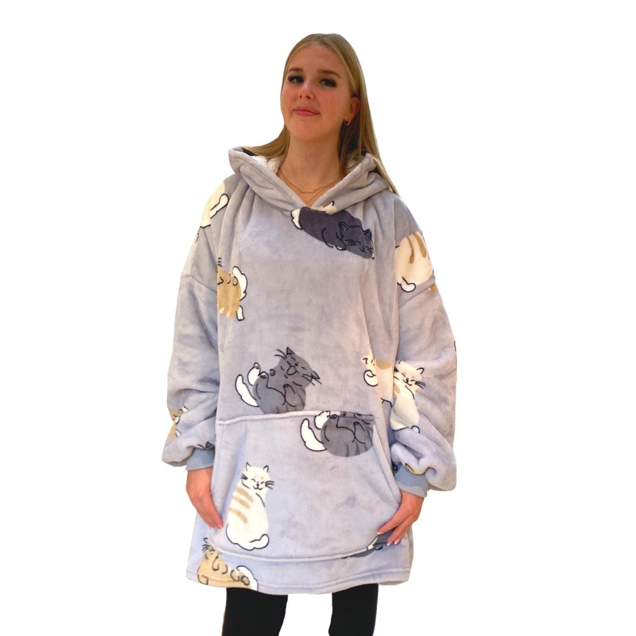 Rapport Cute Cats Oversized Fleece Hoodie Silver Grey, One Size Fits