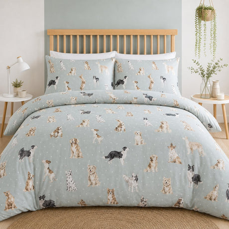 Cute Dogs Polycotton Duvet Cover Set styled on a bed in a coordinated bedroom lifestyle scene