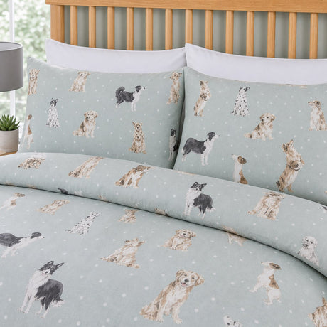 Close-up of matching Cute Dogs Polycotton Duvet Cover Set pillowcases showing the pattern and fabric detail