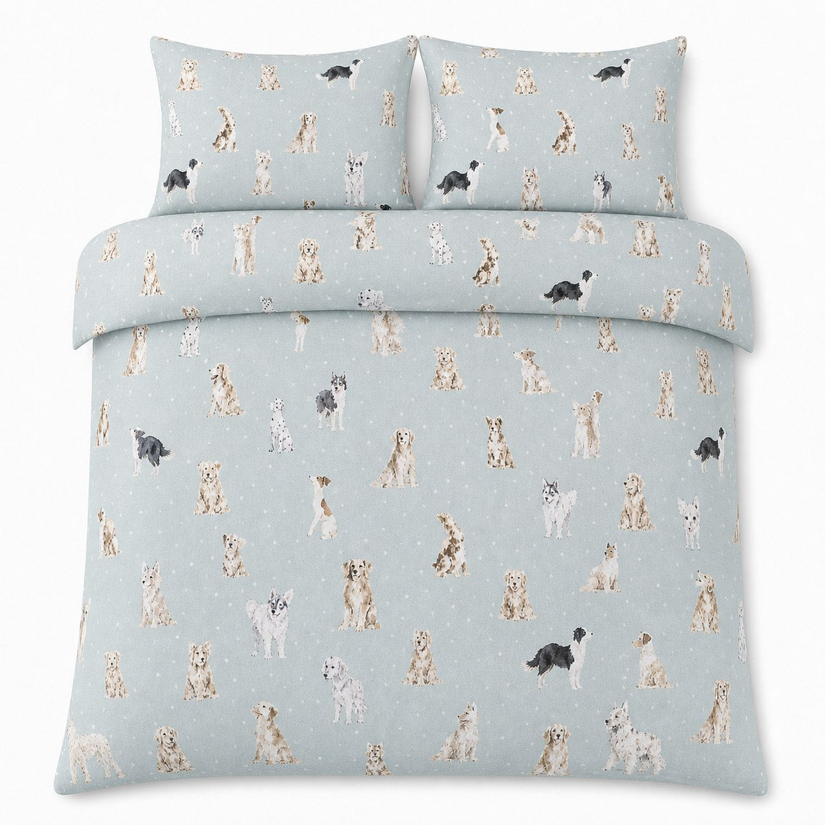 Overhead flat lay of the Cute Dogs Polycotton Duvet Cover Set with two matching pillowcases