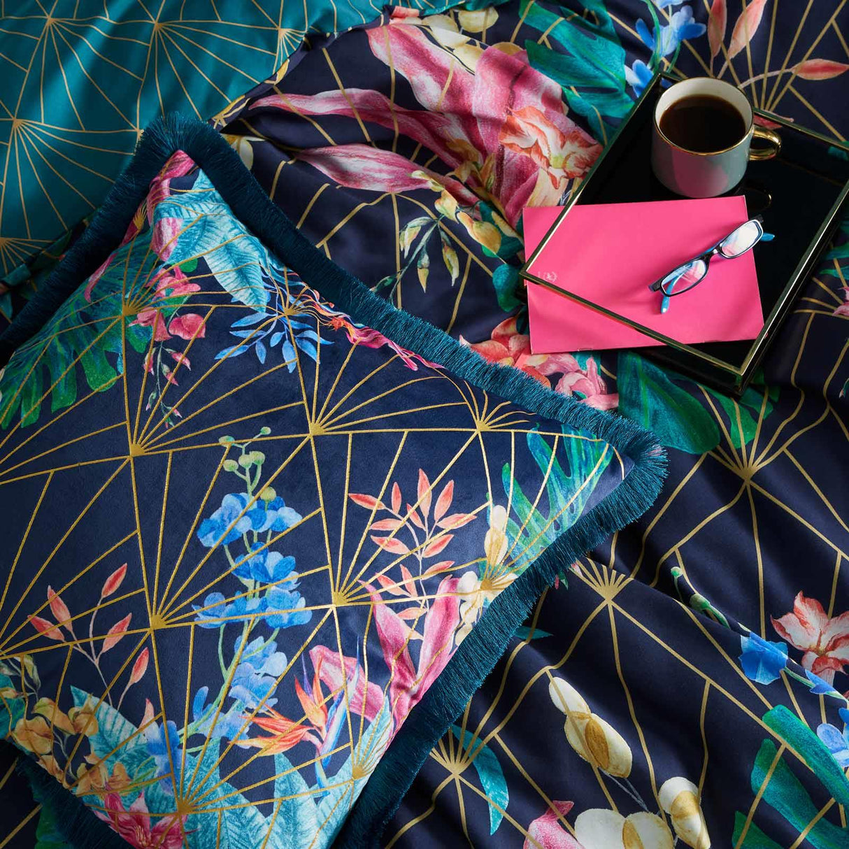 Aloria Botanical Tassel Fringe Navy Cushion by Hyperion Interiors