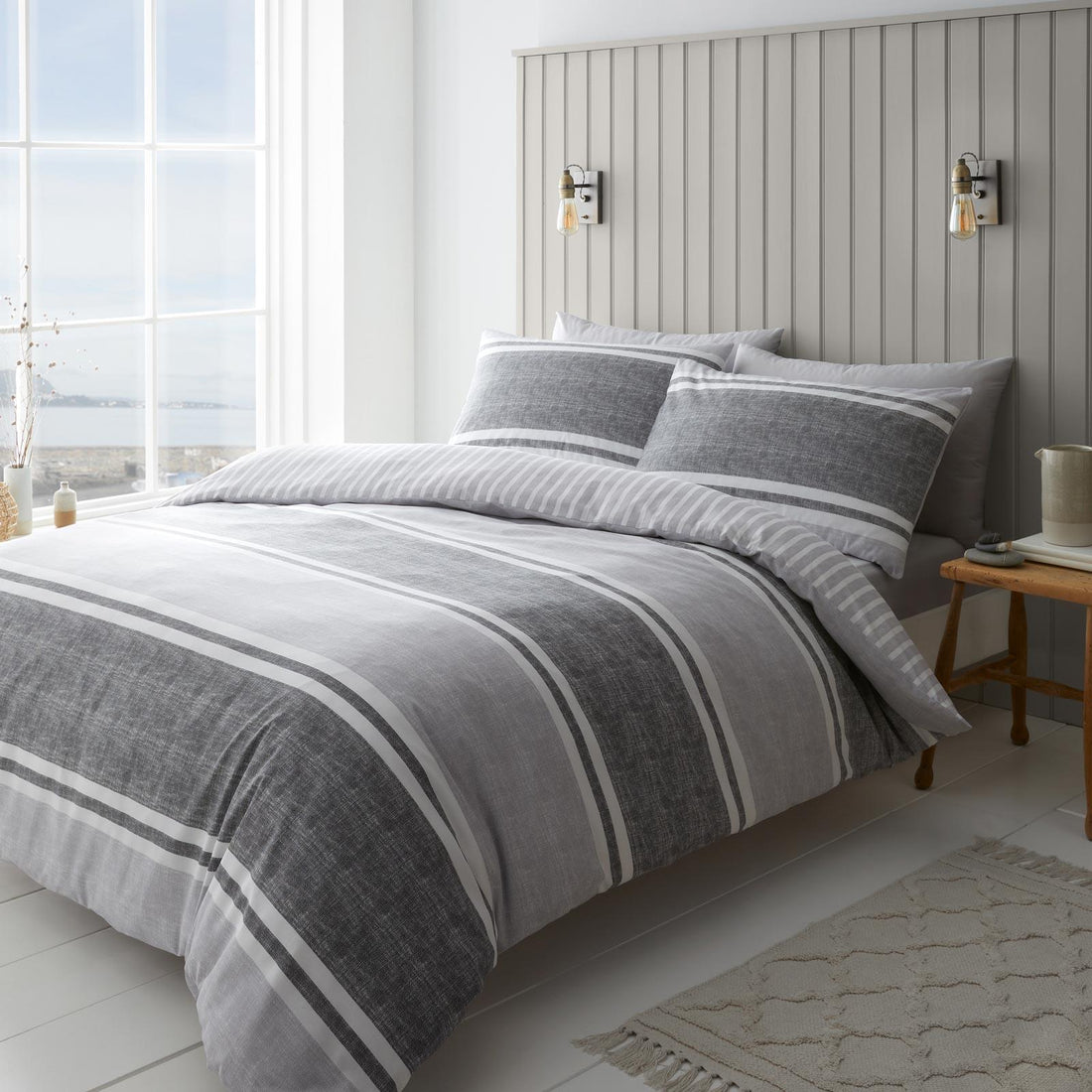 Catherine Lansfield Textured Banded Stripe Charcoal Duvet Cover Bedding Set