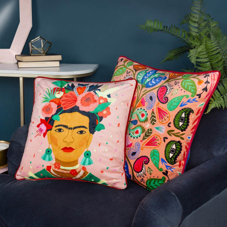 Frida Illustrated Velvet Cushion Cover 17" x 17" by Kate Merritt