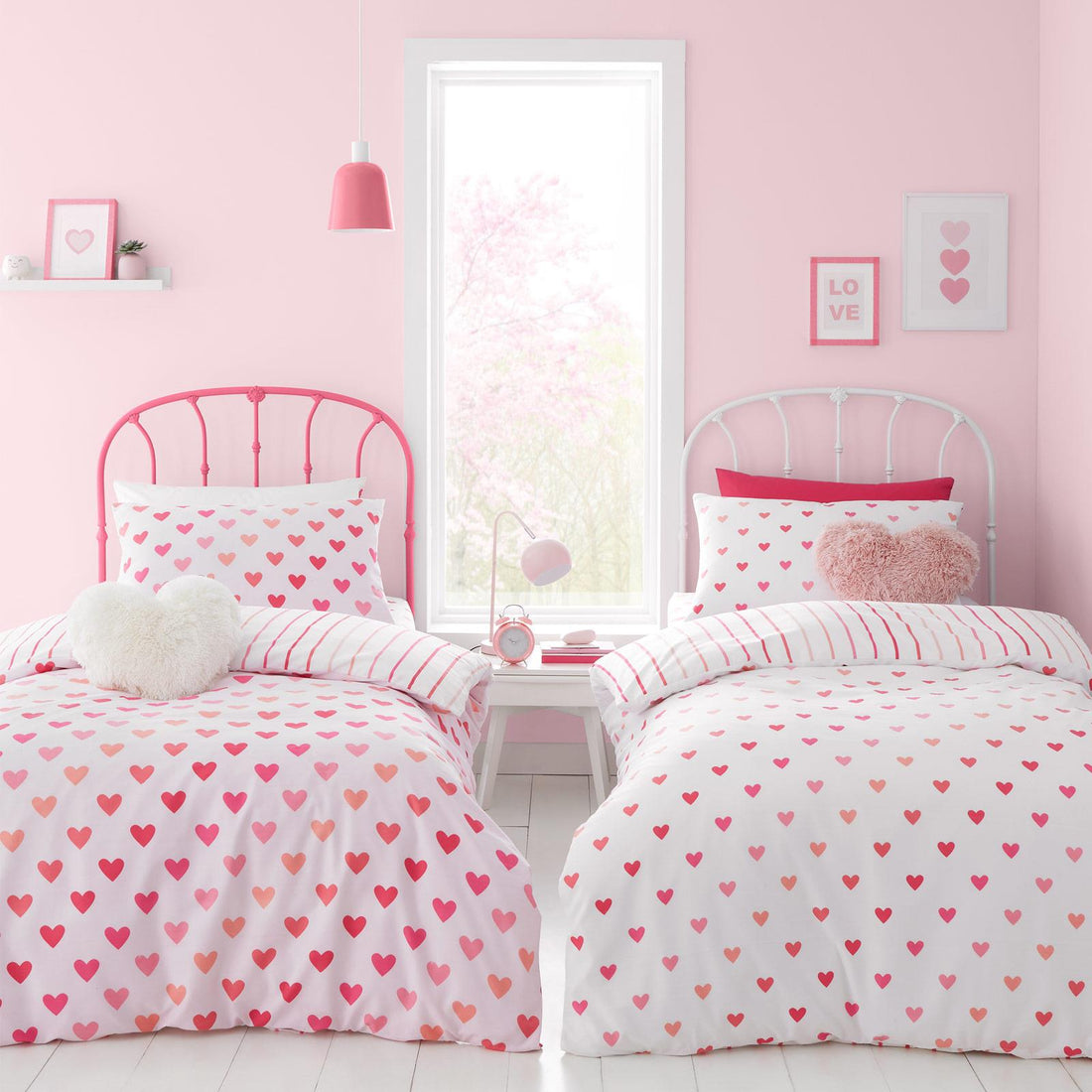 Catherine Lansfield Hearts & Stripes Twin Pack Kids Duvet Cover Set