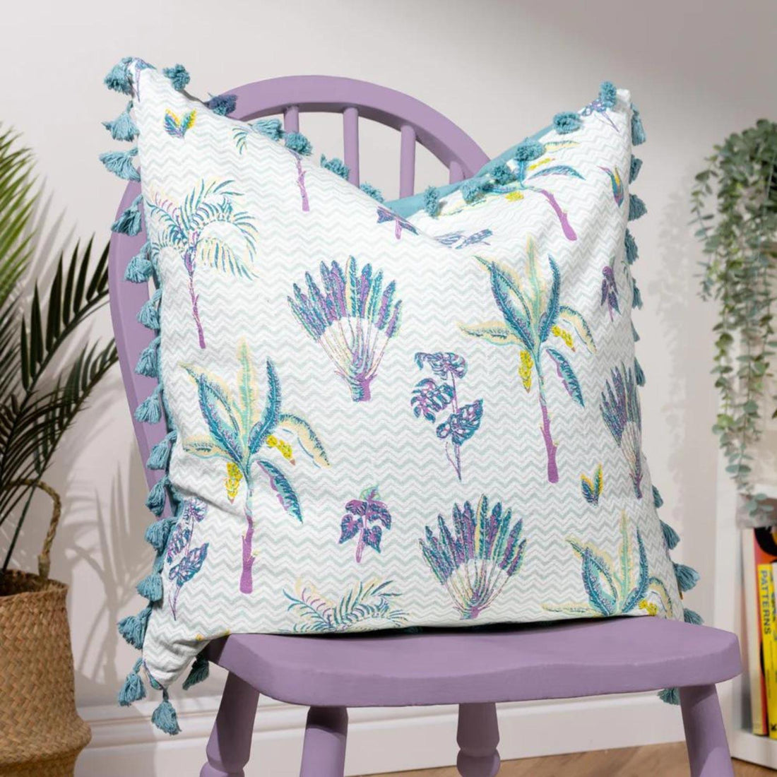 Chamae Floral Tasselled 100% Cotton Lilac Cushion Cover 50cm x 50cm