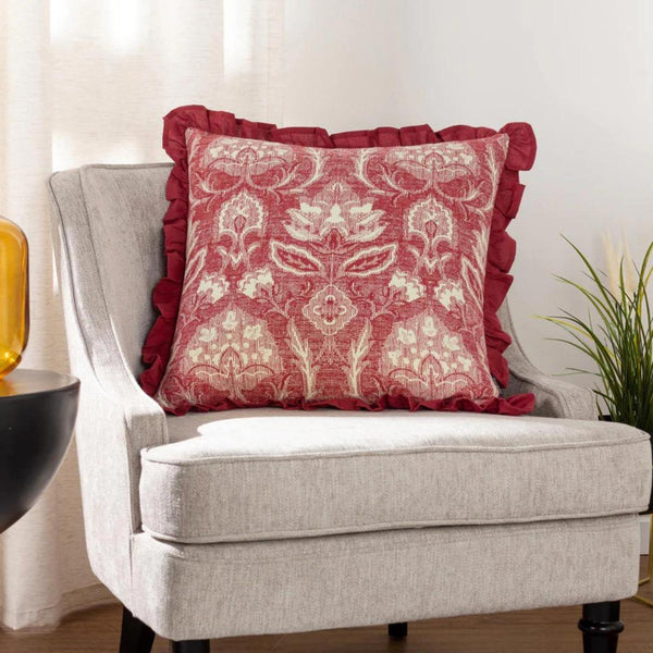 Kirkton Floral Pleat Fringe Cushion Cover Redcurrant