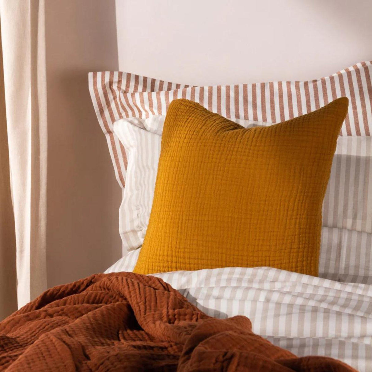 Lark Muslin Crinkle Cotton Cushion Cover 18" x 18" - Cumin