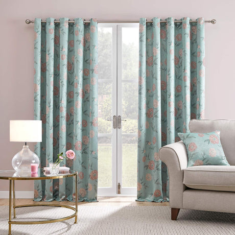 Dahlia Floral Dim Out Thermal Eyelet Curtains - Duck Egg