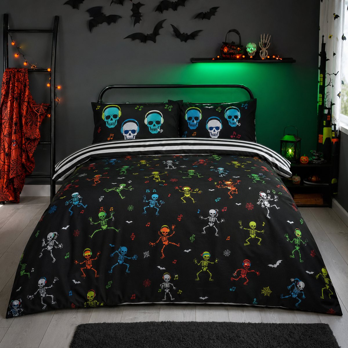 Dancing Skeletons black Halloween duvet cover set styled in a neon-lit teen bedroom
