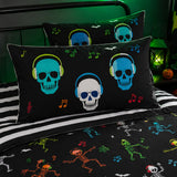 Close-up of Dancing Skeletons Halloween pillowcases with colourful skull headphones design