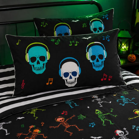 Close-up of Dancing Skeletons Halloween pillowcases with colourful skull headphones design