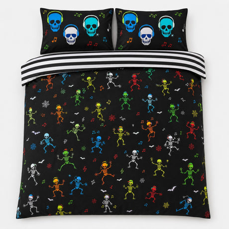 Overhead flat lay of the Dancing Skeletons Halloween duvet cover set with striped reverse