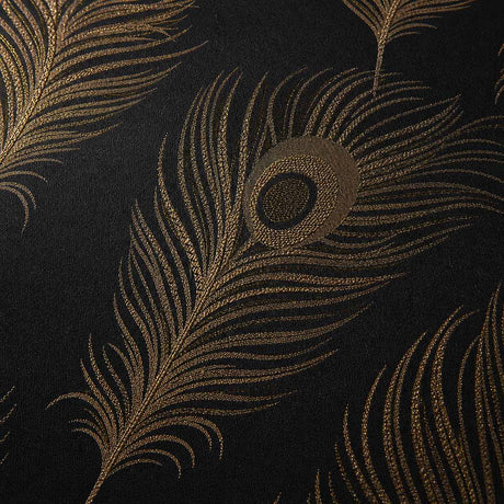 Macro close-up of the black and gold Dandy jacquard polycotton peacock feather fabric