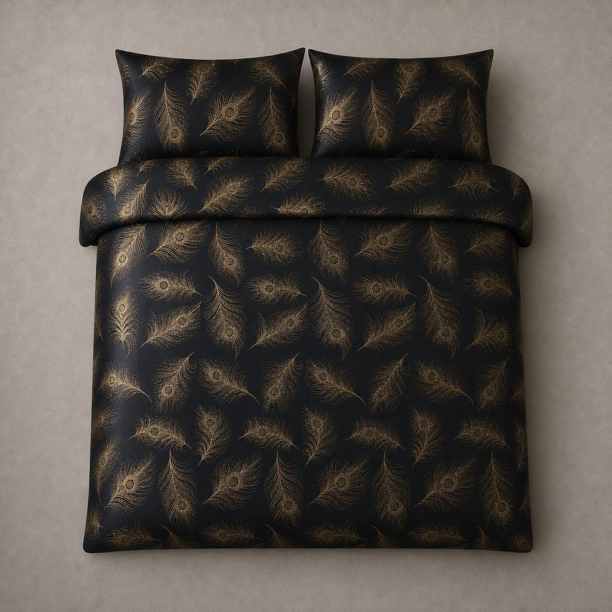 Overhead flat lay of the Dandy Black jacquard duvet cover set with two matching pillowcases