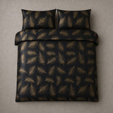 Overhead flat lay of the Dandy Black jacquard duvet cover set with two matching pillowcases