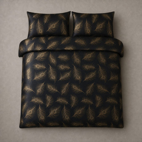 Overhead flat lay of the Dandy Black jacquard duvet cover set with two matching pillowcases
