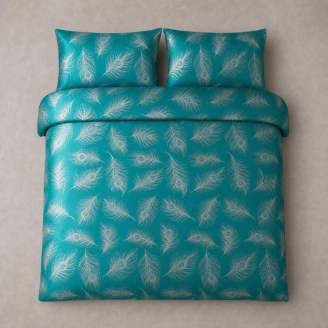 Overhead flat lay of the Dandy Teal jacquard duvet cover set with two matching pillowcases