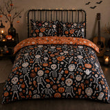 Day of the Dead Polycotton Halloween Duvet Cover Set styled on a bed in a coordinated bedroom lifestyle scene