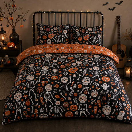 Day of the Dead Polycotton Halloween Duvet Cover Set styled on a bed in a coordinated bedroom lifestyle scene