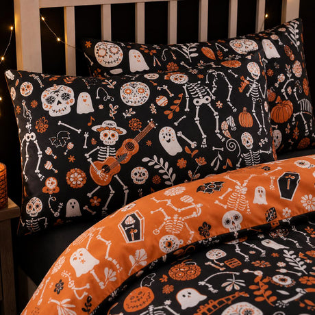 Close-up of matching Day of the Dead Polycotton Halloween Duvet Cover Set pillowcases showing the pattern and fabric detail