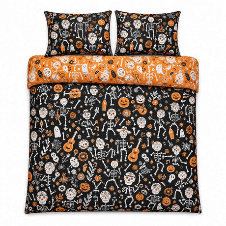 Overhead flat lay of the Day of the Dead Polycotton Halloween Duvet Cover Set with two matching pillowcases
