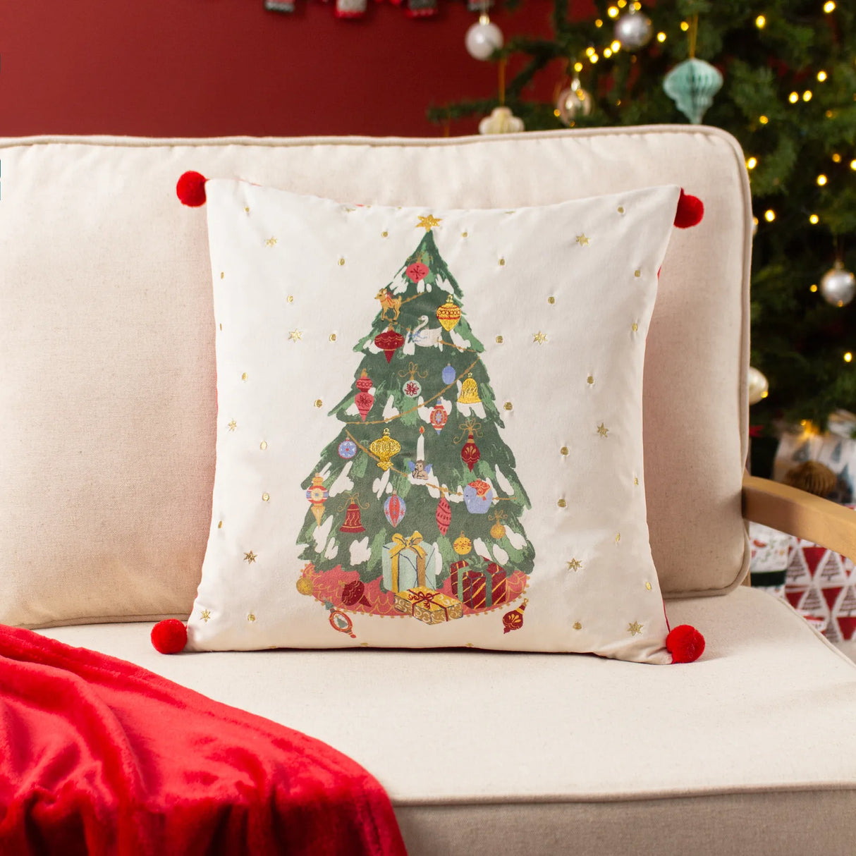 Deck The Halls Tree Embroidered Cushion Cover Multi 43 x 43cm - image 1