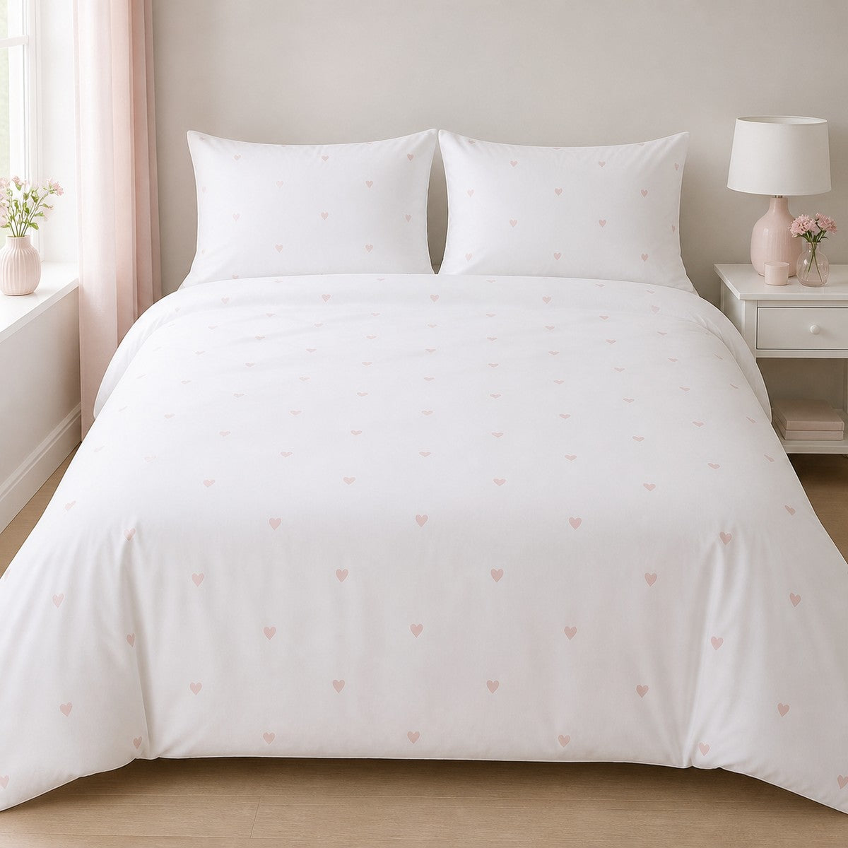 Decorative Heart Blush microfibre duvet cover set styled on a bright bedroom bed