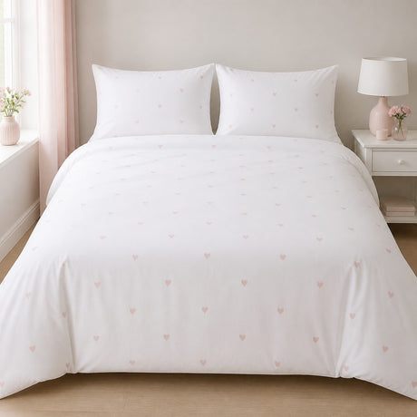 Decorative Heart Blush microfibre duvet cover set styled on a bright bedroom bed