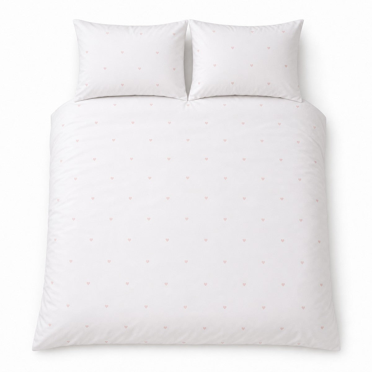 Overhead flat lay of the Decorative Heart Blush duvet cover set with two matching pillowcases