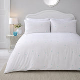 Decorative Heart Duck Egg microfibre duvet cover set styled on a bright bedroom bed