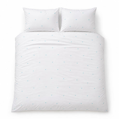 Overhead flat lay of the Decorative Heart Duck Egg duvet cover set with two matching pillowcases