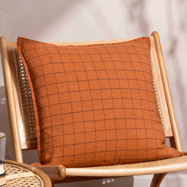 Linen Grid Check Cushion Cover Brick