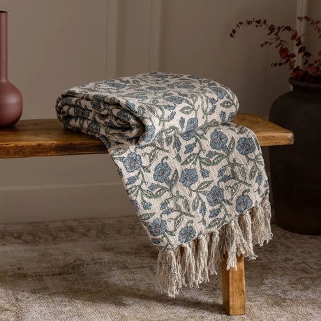 Delphine Tasselled Reversible Delph Blue 100% Cotton Throw Blanket 130cm x 170cm - additional product view 1
