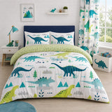 Dino Dinosaur Kids Reversible Duvet Cover Set styled on a bed in a coordinated bedroom lifestyle scene