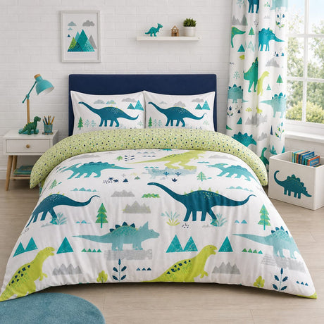 Dino Dinosaur Kids Reversible Duvet Cover Set styled on a bed in a coordinated bedroom lifestyle scene