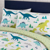 Close-up of matching Dino Dinosaur Kids Reversible Duvet Cover Set pillowcases showing the pattern and fabric detail