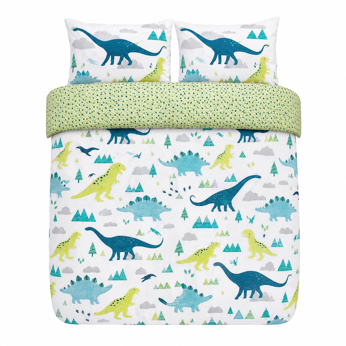 Overhead flat lay of the Dino Dinosaur Kids Reversible Duvet Cover Set with two matching pillowcases