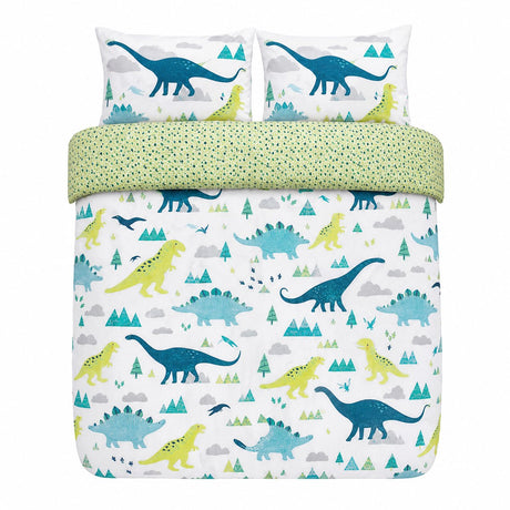 Overhead flat lay of the Dino Dinosaur Kids Reversible Duvet Cover Set with two matching pillowcases