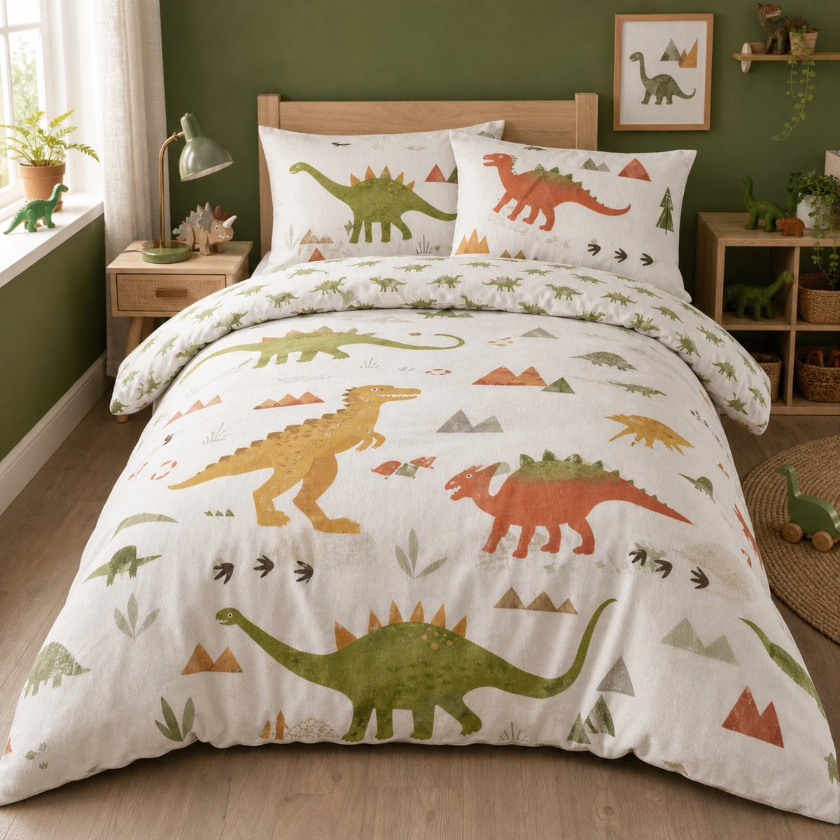Dino Kids Brushed Cotton Duvet Cover Set styled on a bed in a coordinated bedroom lifestyle scene