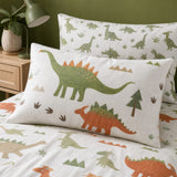 Close-up of matching Dino Kids Brushed Cotton Duvet Cover Set pillowcases showing the pattern and fabric detail