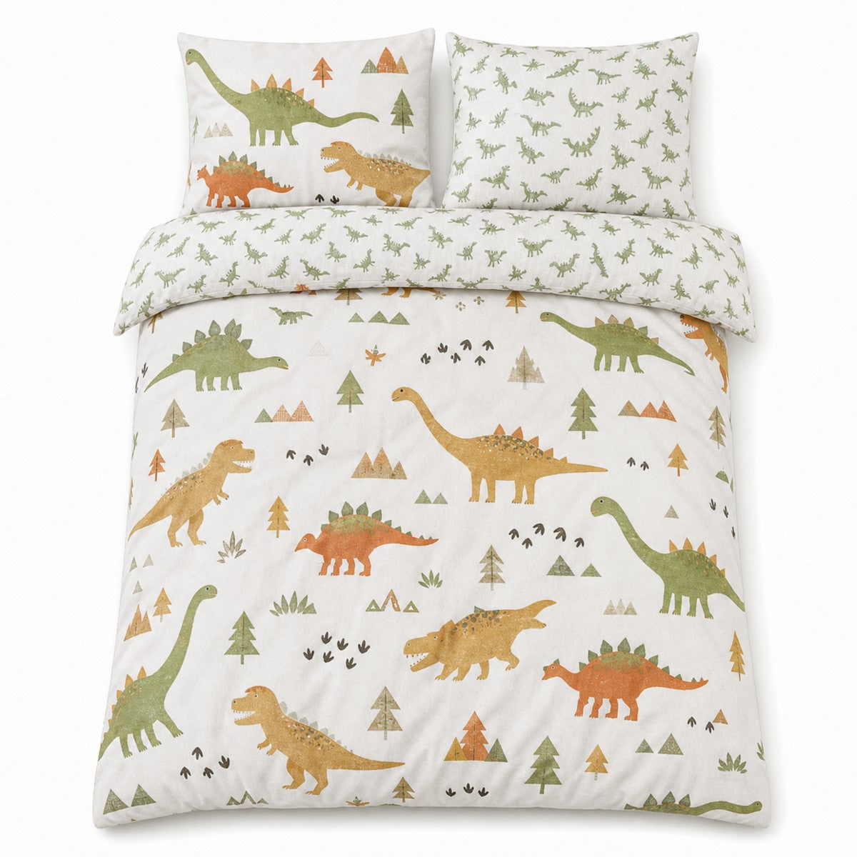 Overhead flat lay of the Dino Kids Brushed Cotton Duvet Cover Set with two matching pillowcases