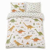 Overhead flat lay of the Dino Kids Brushed Cotton Duvet Cover Set with two matching pillowcases