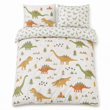 Overhead flat lay of the Dino Kids Brushed Cotton Duvet Cover Set with two matching pillowcases