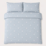 Overhead flat lay of the Dot Garden duck egg duvet cover set with two matching pillowcases