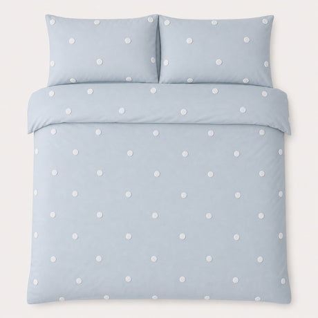 Overhead flat lay of the Dot Garden duck egg duvet cover set with two matching pillowcases