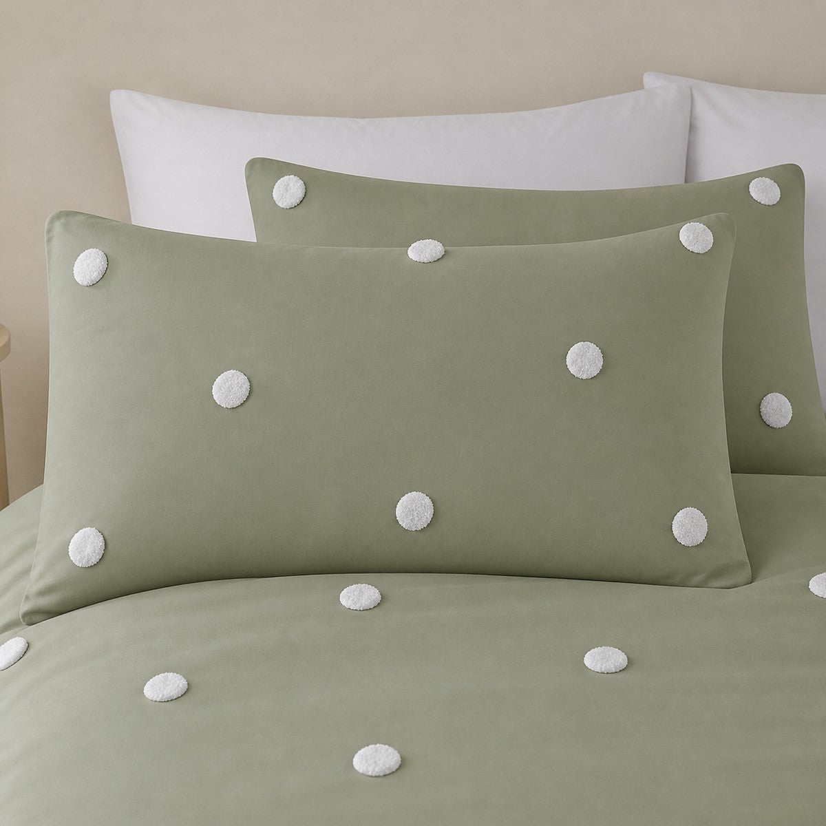 Close-up of Dot Garden sage cotton pillowcases with raised white dot detail